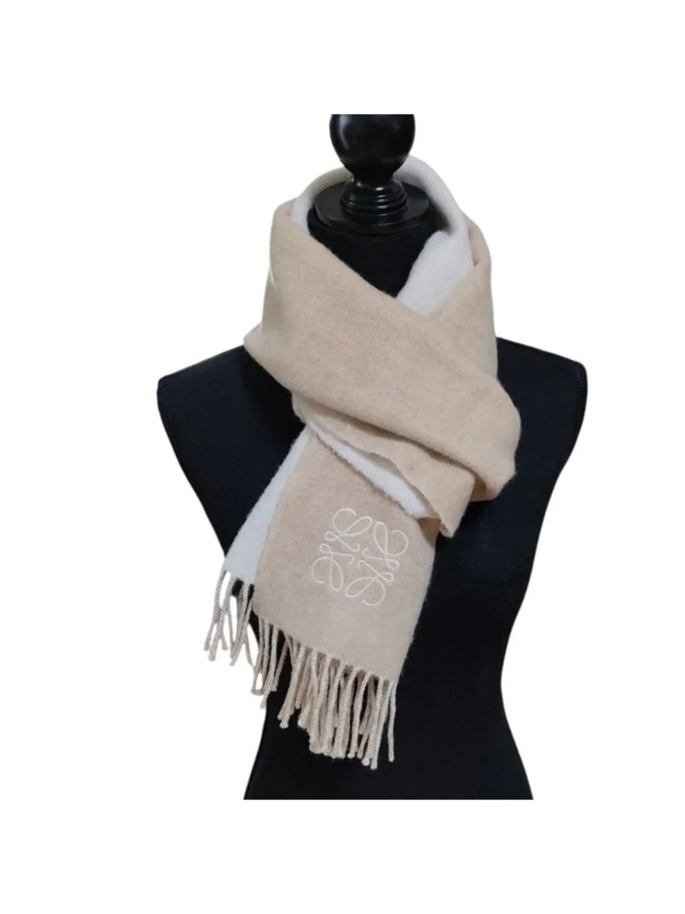 Loewe Anagram Embroidery Wool Cashmere Reversible Fringe Scarf Beige Ivory
